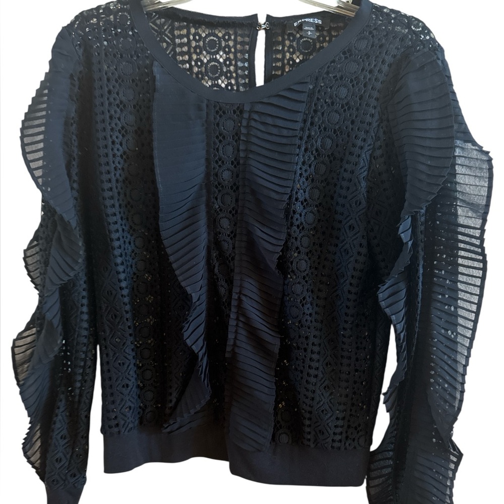 Express Women’s Black Knit Front Ruffle Embroidered Size Small Goth Halloween